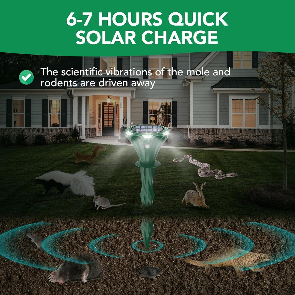 Mole Repellent Solar Powered, 2 Pack Snake Repellent for Yard Waterproof Motion Detection LED Flash