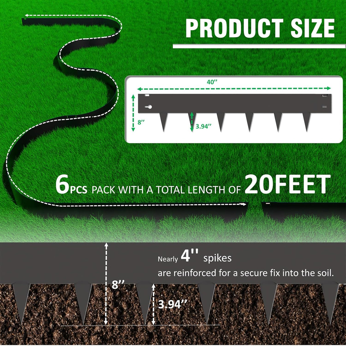 20ft. Galvanized Steel Landscape Edging (6-Pack) – 40" x 8" Metal Garden Border, Hammer-in Lawn