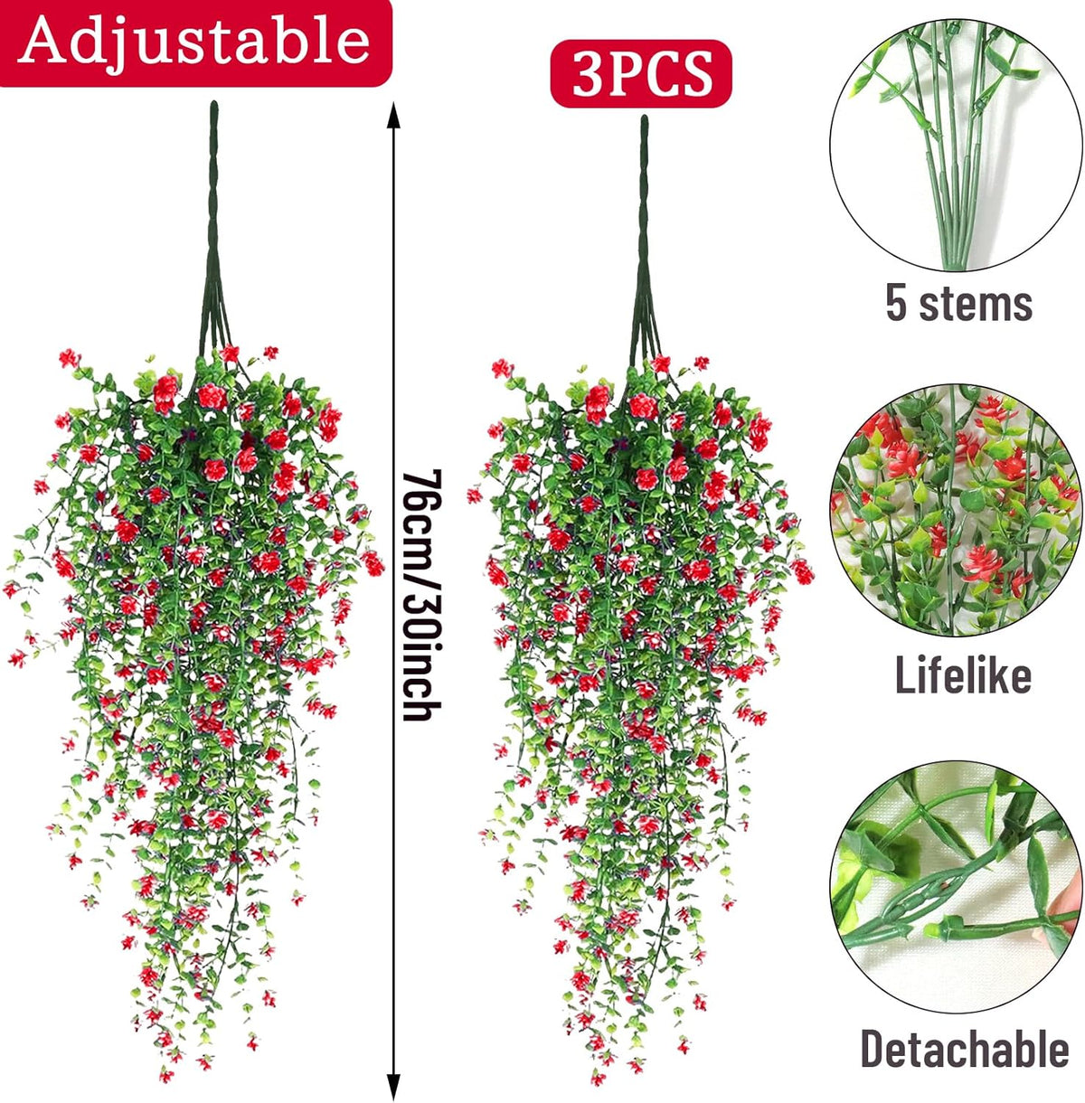 Artificial Hanging Flowers, 3 Pcs Fake Hanging Plants Artificial Vines for Outdoors, Fake Ivy Vine