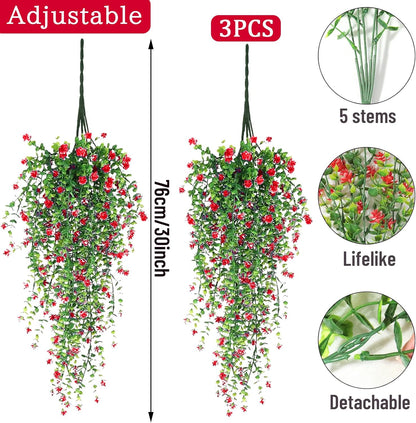 Artificial Hanging Flowers, 3 Pcs Fake Hanging Plants Artificial Vines for Outdoors, Fake Ivy Vine