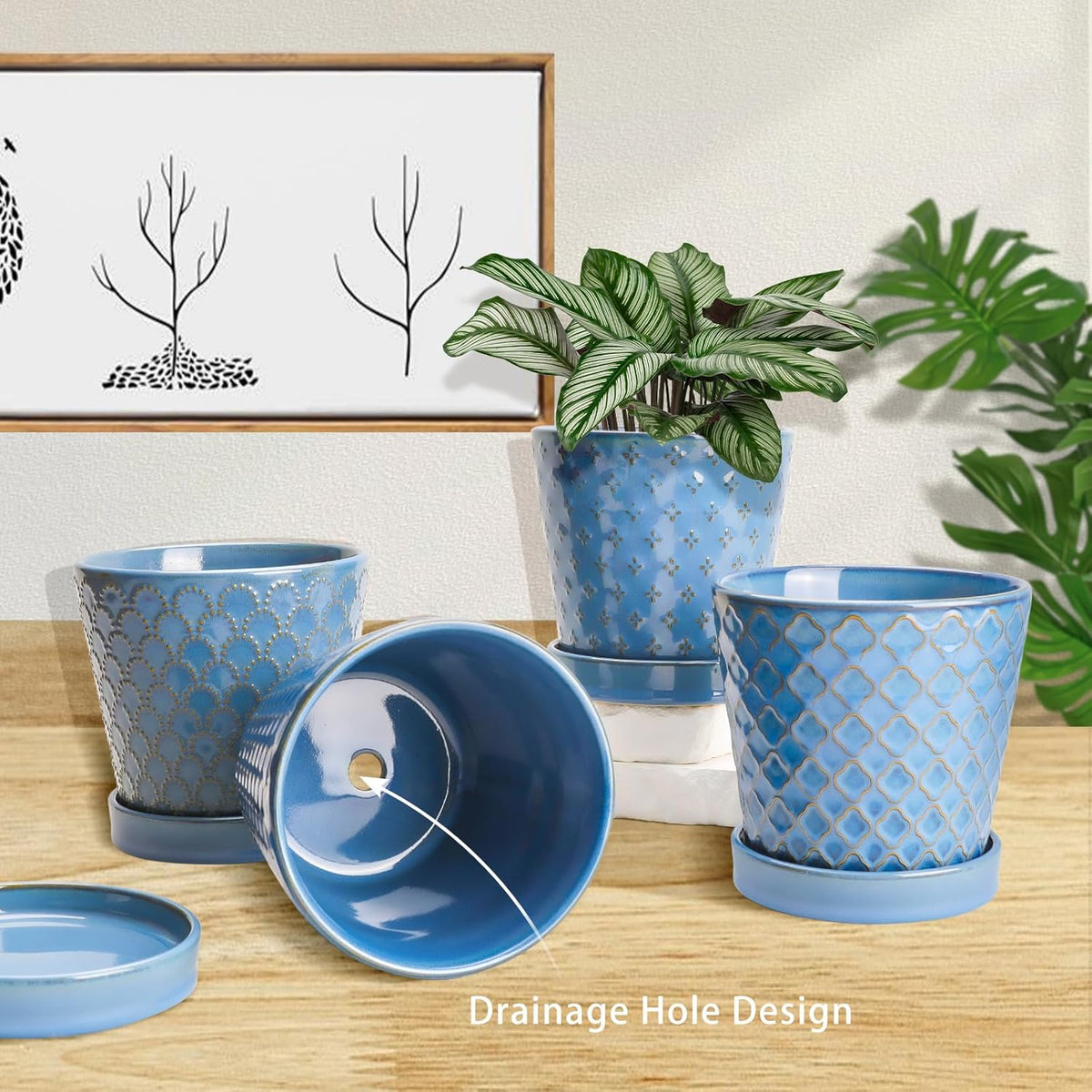 Plant Pots, 5 Inch Pots for Indoor Plants, Planters with Drainage Hole and Saucer, Ceramic Flower