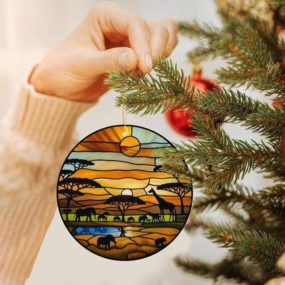 Acrylic Stained Glass Suncatcher Ornament – African Safari Sunset with Giraffes Elephants Trees – 4