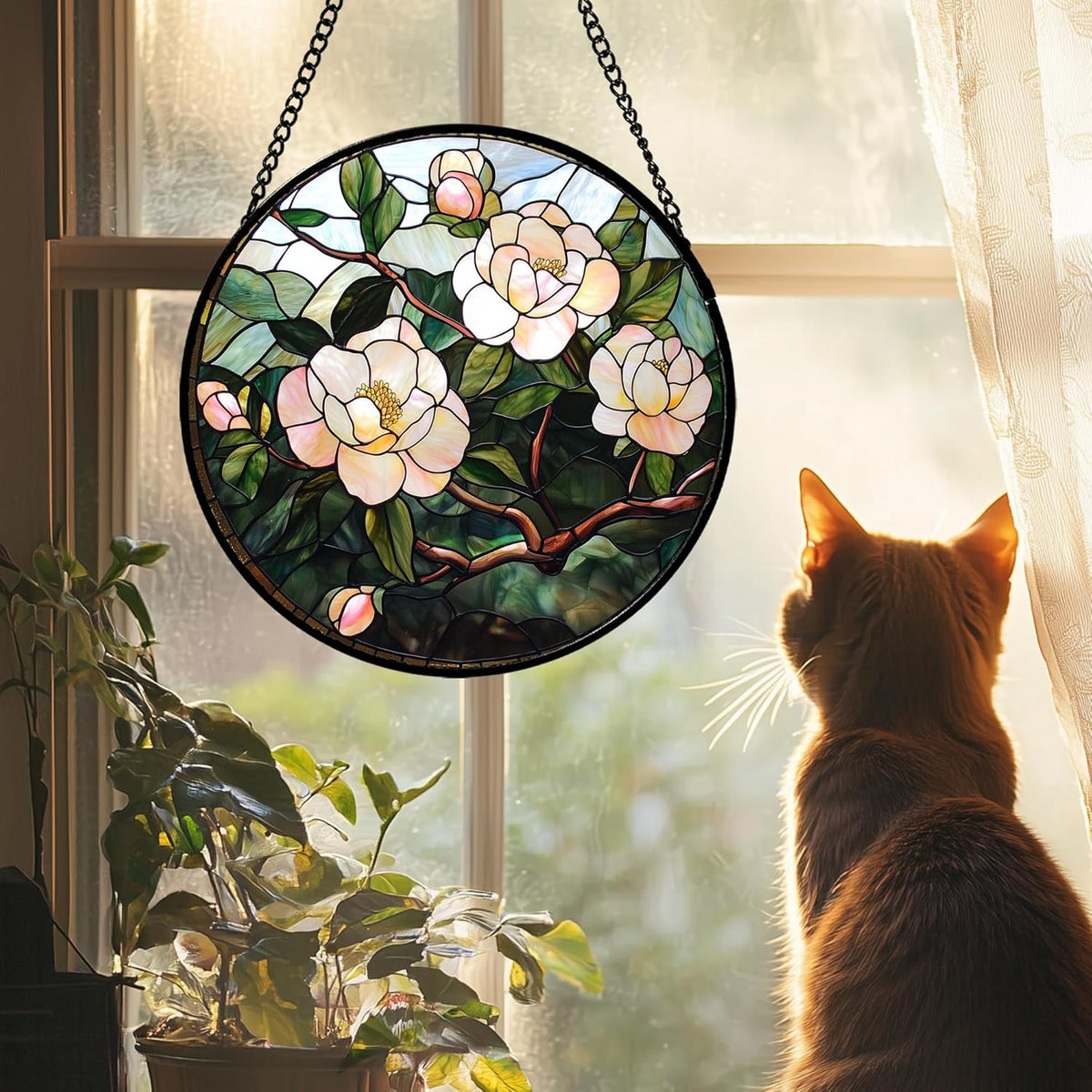 Stained Glass Suncatcher, Light Pink Flowers Green Leaf Sun Catcher Plant Stain Glass Window