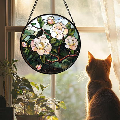 Stained Glass Suncatcher, Light Pink Flowers Green Leaf Sun Catcher Plant Stain Glass Window