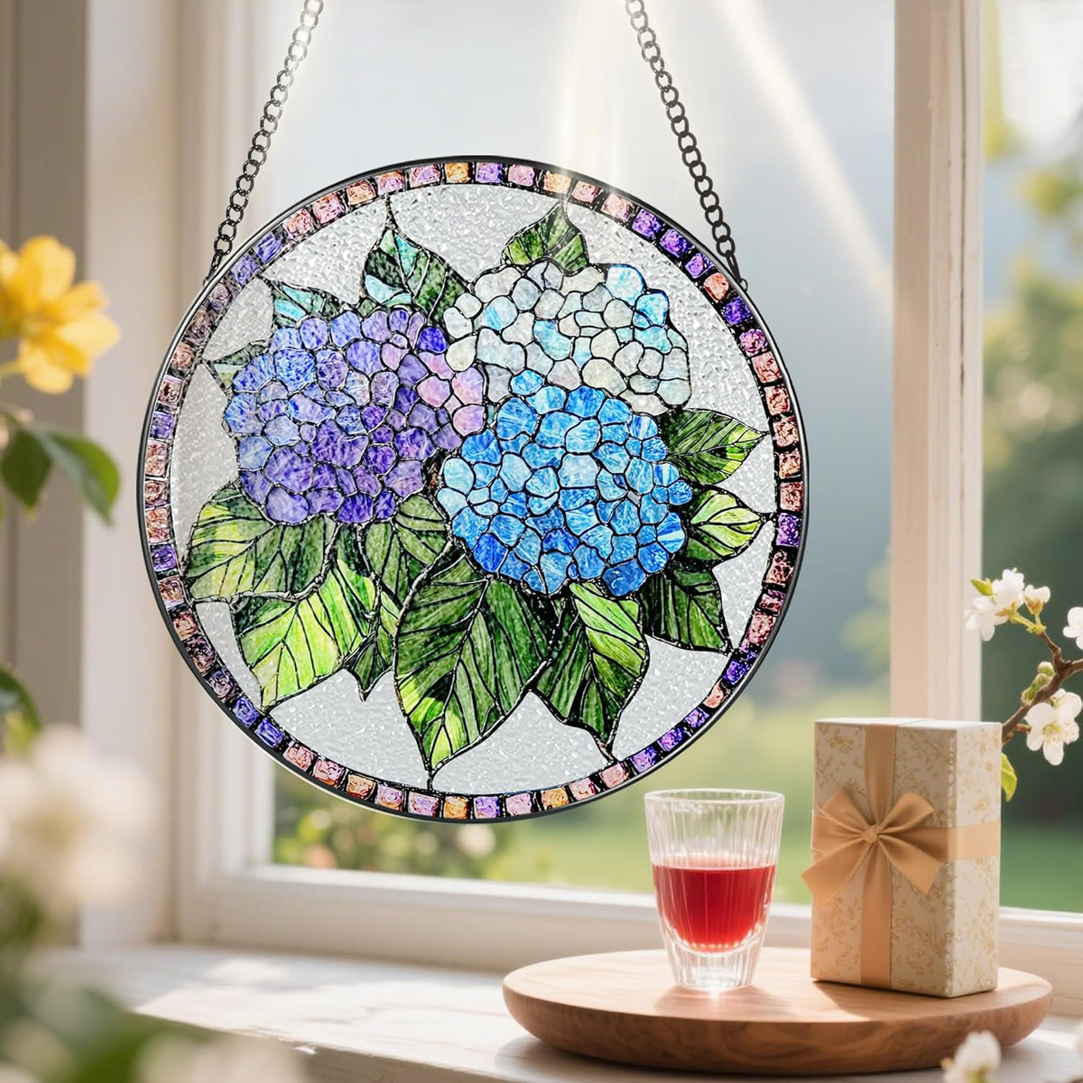 8-Inch Stained Glass Ornament, Stained Glass Window Hanging, Window Hanging Decor Suncatcher, Blue