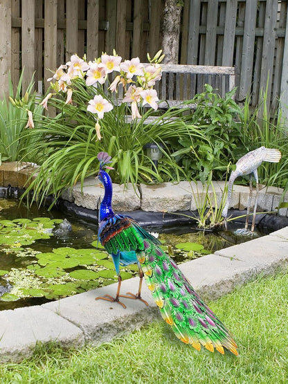 YEAHOME Garden Decor Outdoor Statues, 24.4" Large Metal Peacock Standing Yard Art, Blue Green Bird