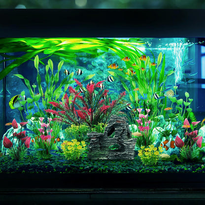 Fish Tank Accessories Aquarium Plants, 12pcs Colorful Fish Tank Artificial Plants and Cave Rock