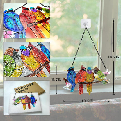 Stained Glass Window Hanging - Birds on A Branch Suncatcher for Window Doors Home Decoration