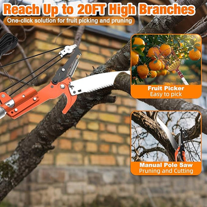 20FT Tree Trimmer, Manual Pole Saw with 3-12FT Extension Pole, Fruit Picker for Orange Lemon Mango