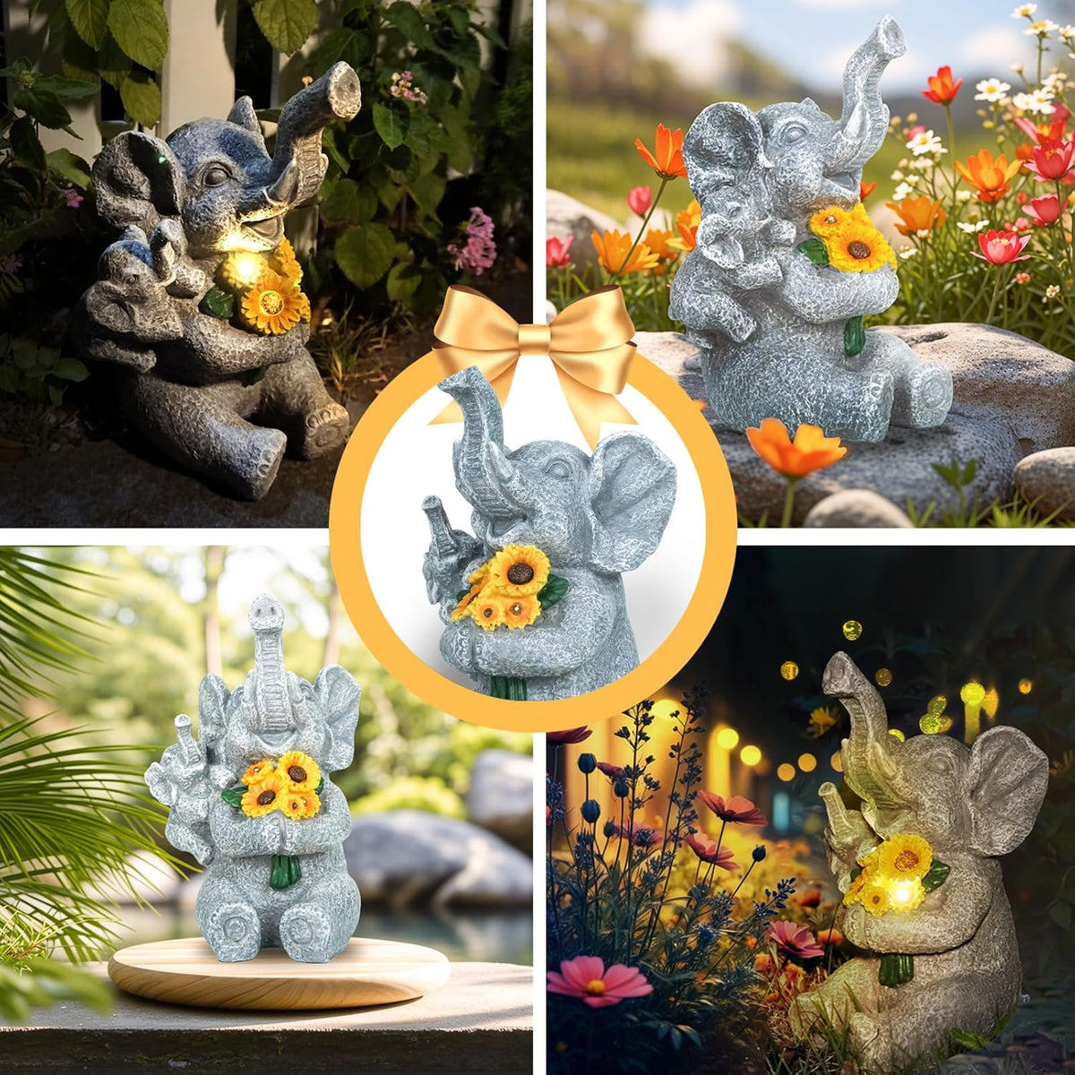 Elephant Gifts for Women, Solor Garden Statue, Elephant and Sunflower Figurine with Lights, Outdoor