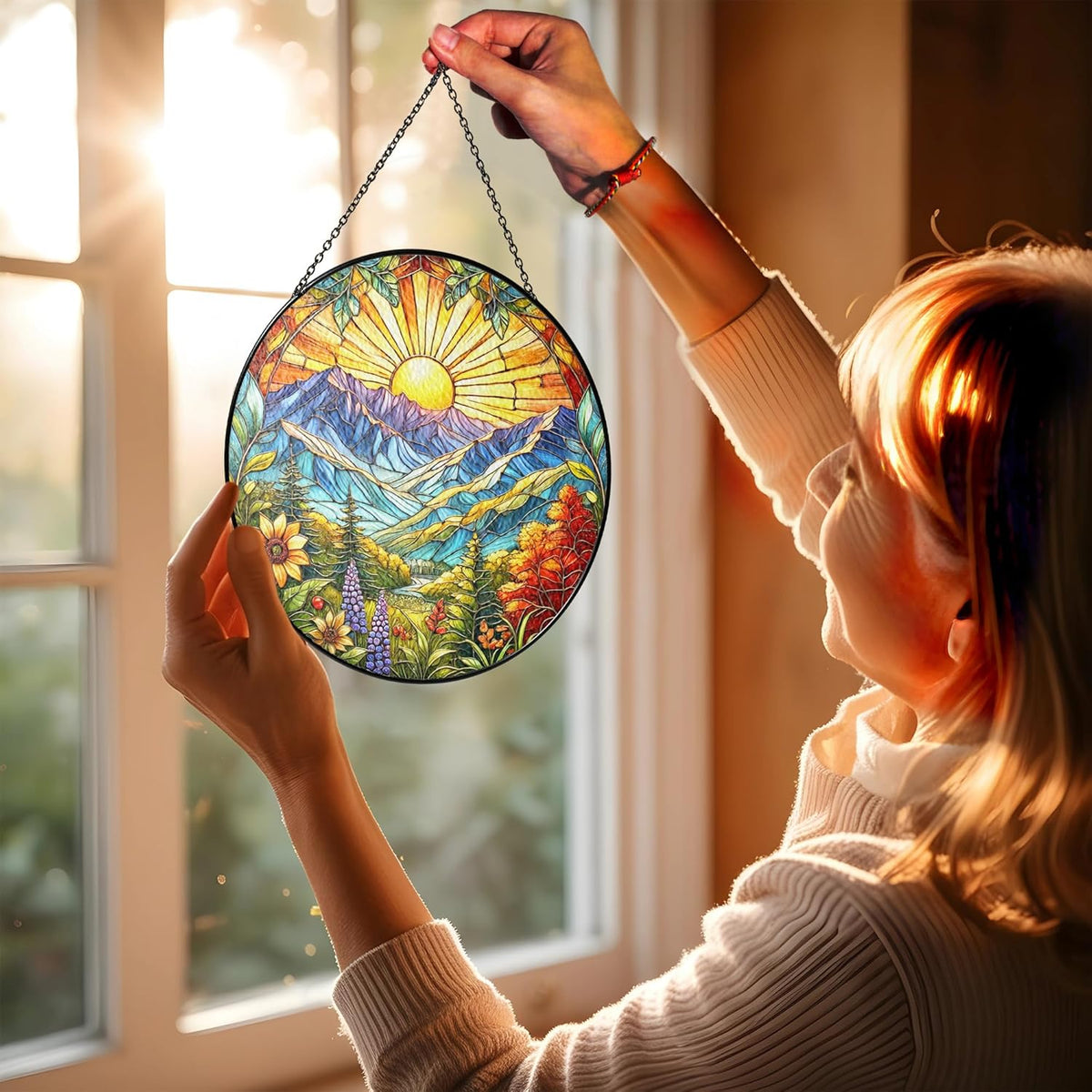 7.8" Sun Mountains Stained Glass, Suncatcher for Window Hanging, Suncatcher Art Decor for Home