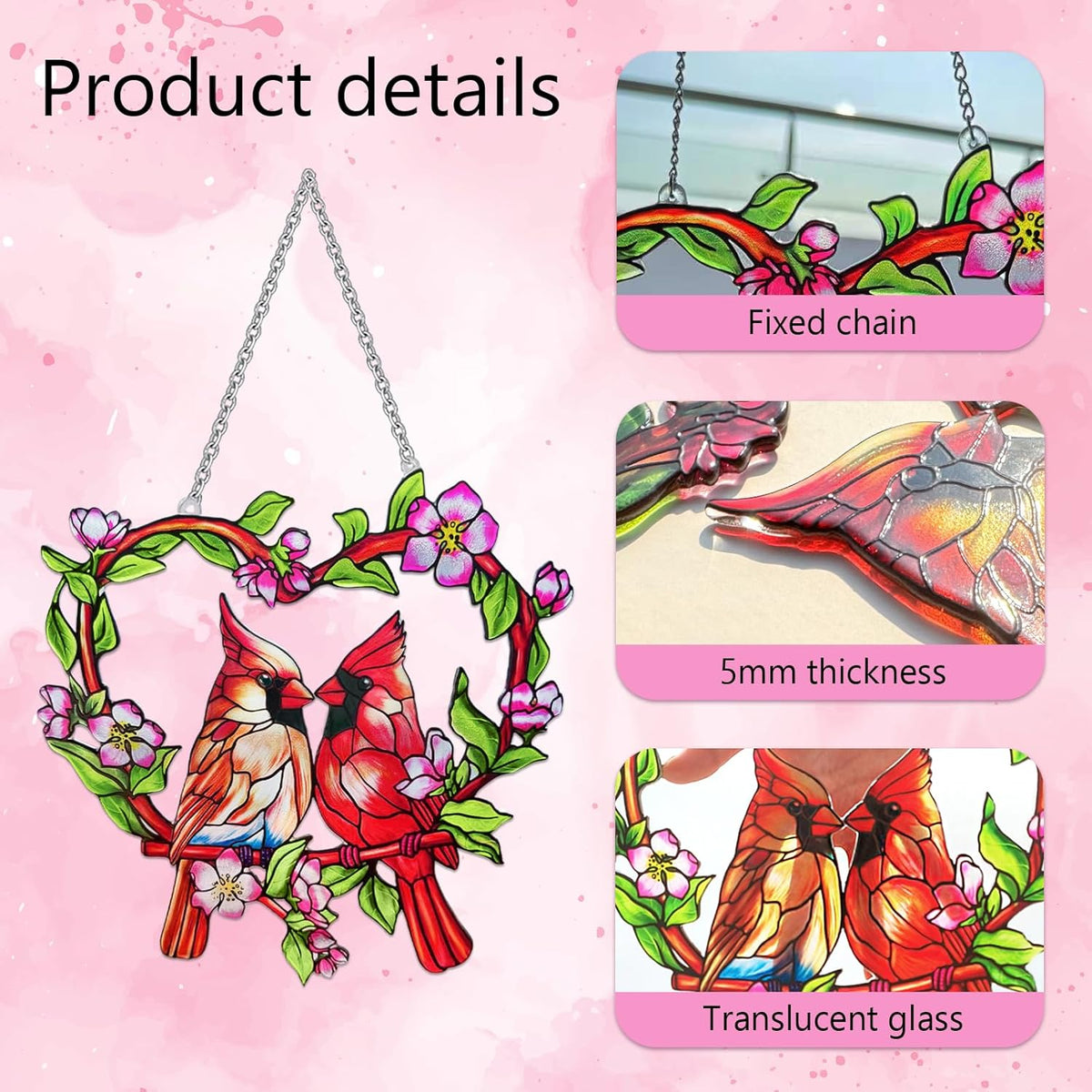 Stained Glass Window Hanging Cardinal Suncatcher,velaboll 10 inch Cardinal Decor for Home Decor