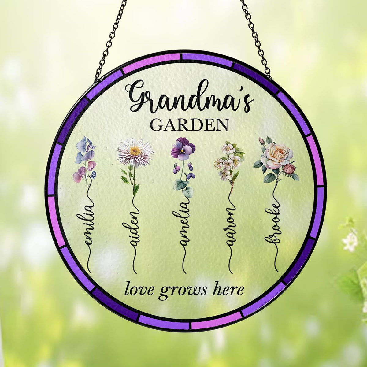NAZENTI Personalized Nana's Garden Stained Glass Suncatcher with Birth Month Flowers, Custom