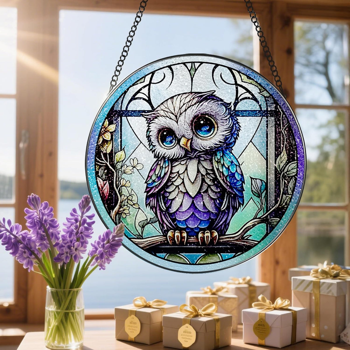 8 Inch Stained Glass Suncatcher Ornament, DOUHASU Owl Sun Catchers Indoor Window, Stained Glass