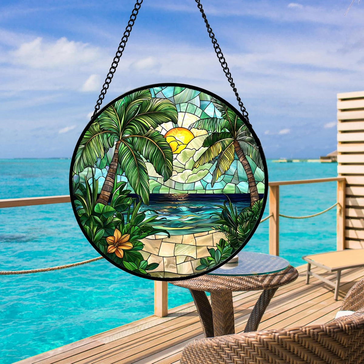 Stained Glass Window Hanging, Green Beach Scenery Suncatcher Diamond Glass Panel Hangings Sun