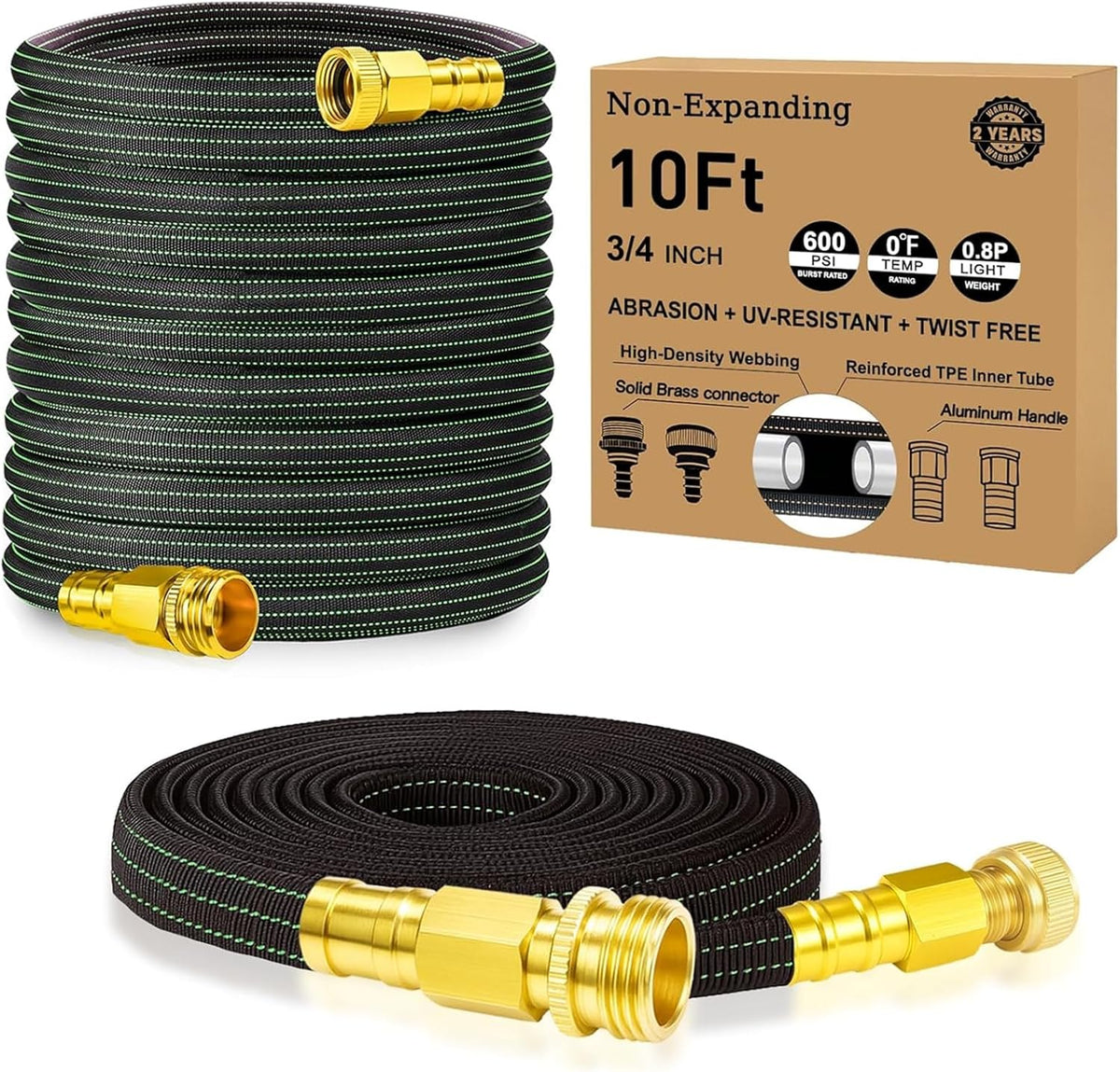 10FT Lightweight Garden Hose,Flexible Water Hose with Solid Brass Head,Kink-Free,Collapsible