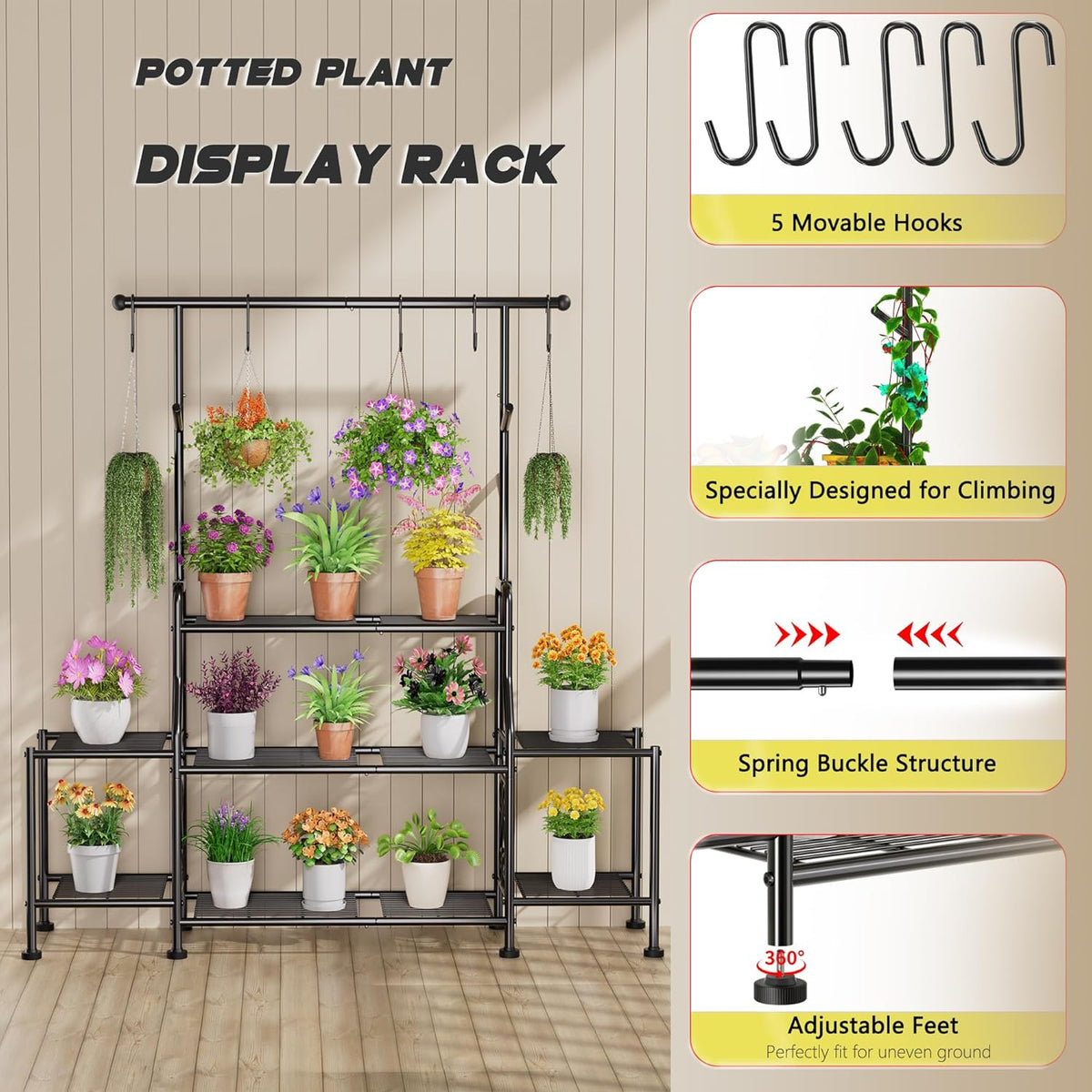 GIOTORENT 3-Tier Tall Metal Plant Stand Indoor Outdoor - Heavy Duty Plant Shelf for Garden, Patio