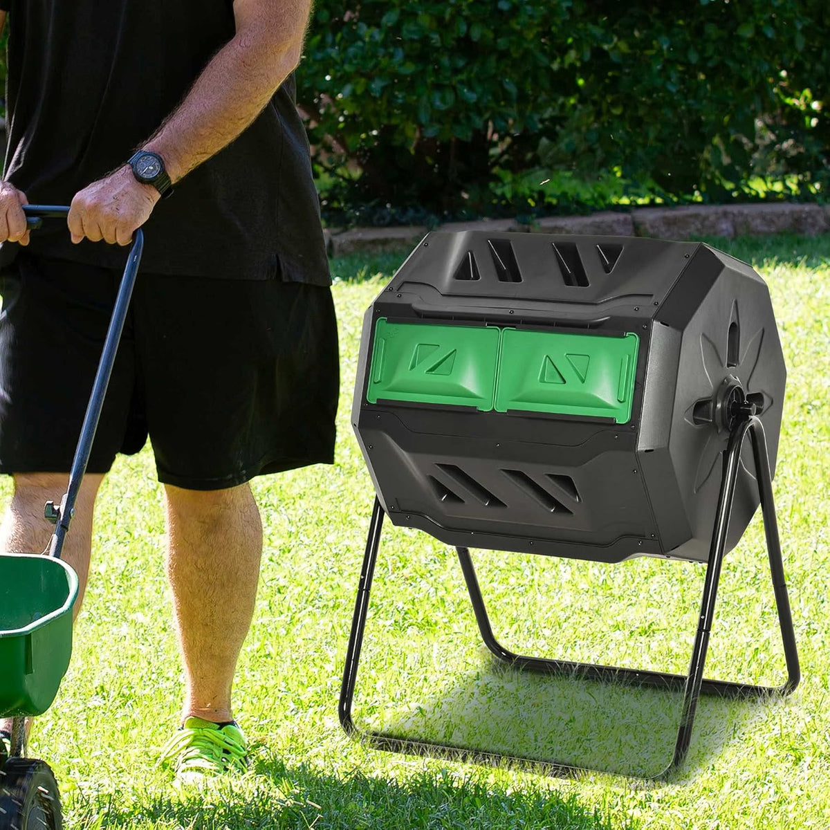 Compost Bin Outdoor, 43 Gallon Dual Chamber Tumbling Composting with Sliding Doors, Large Compost