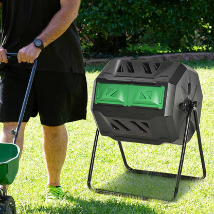 Compost Bin Outdoor, 43 Gallon Dual Chamber Tumbling Composting with Sliding Doors, Large Compost