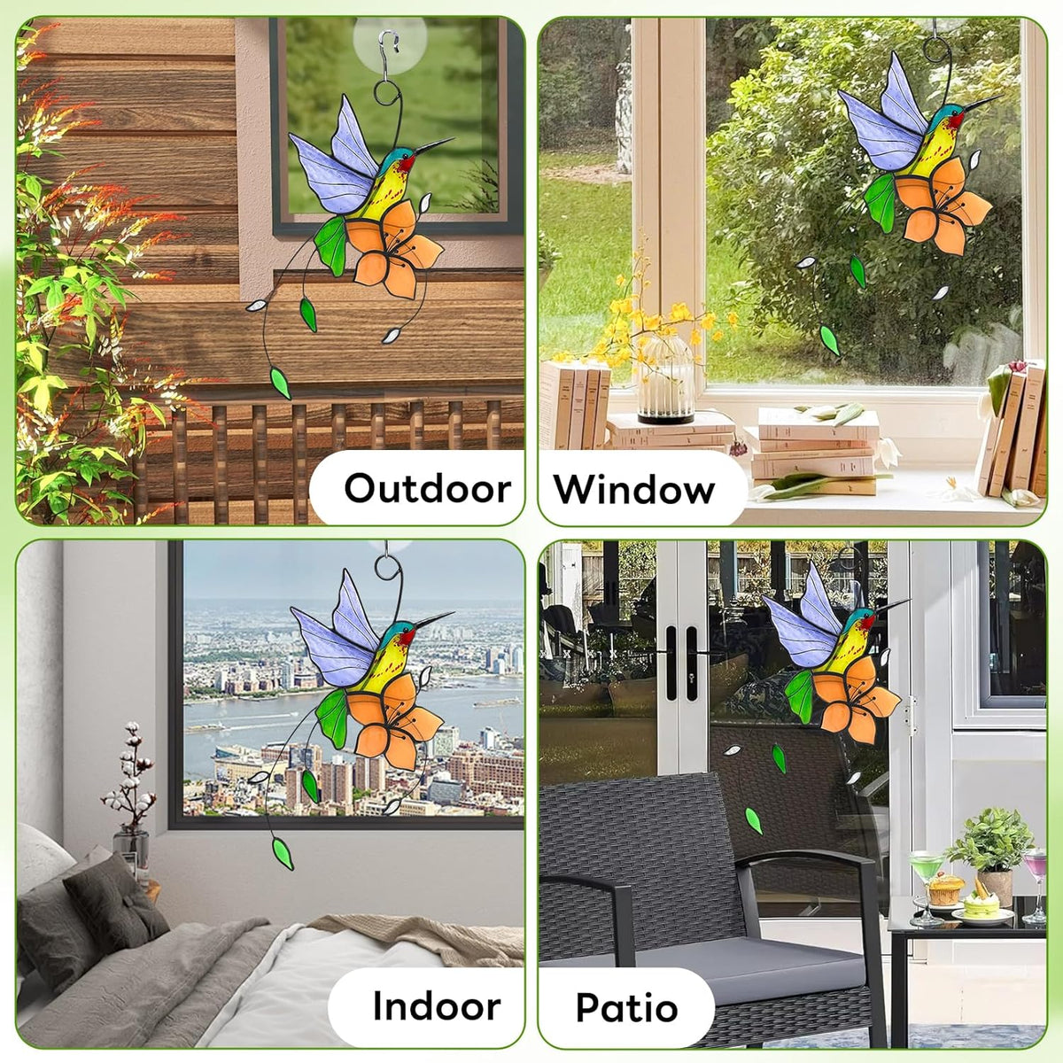 Handmade Stained Glass Hummingbird Suncatcher, Lavender-Purple Bird with Peach-Fuzz Flower Window
