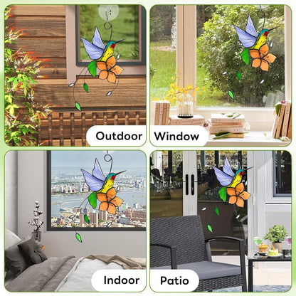 Handmade Stained Glass Hummingbird Suncatcher, Lavender-Purple Bird with Peach-Fuzz Flower Window