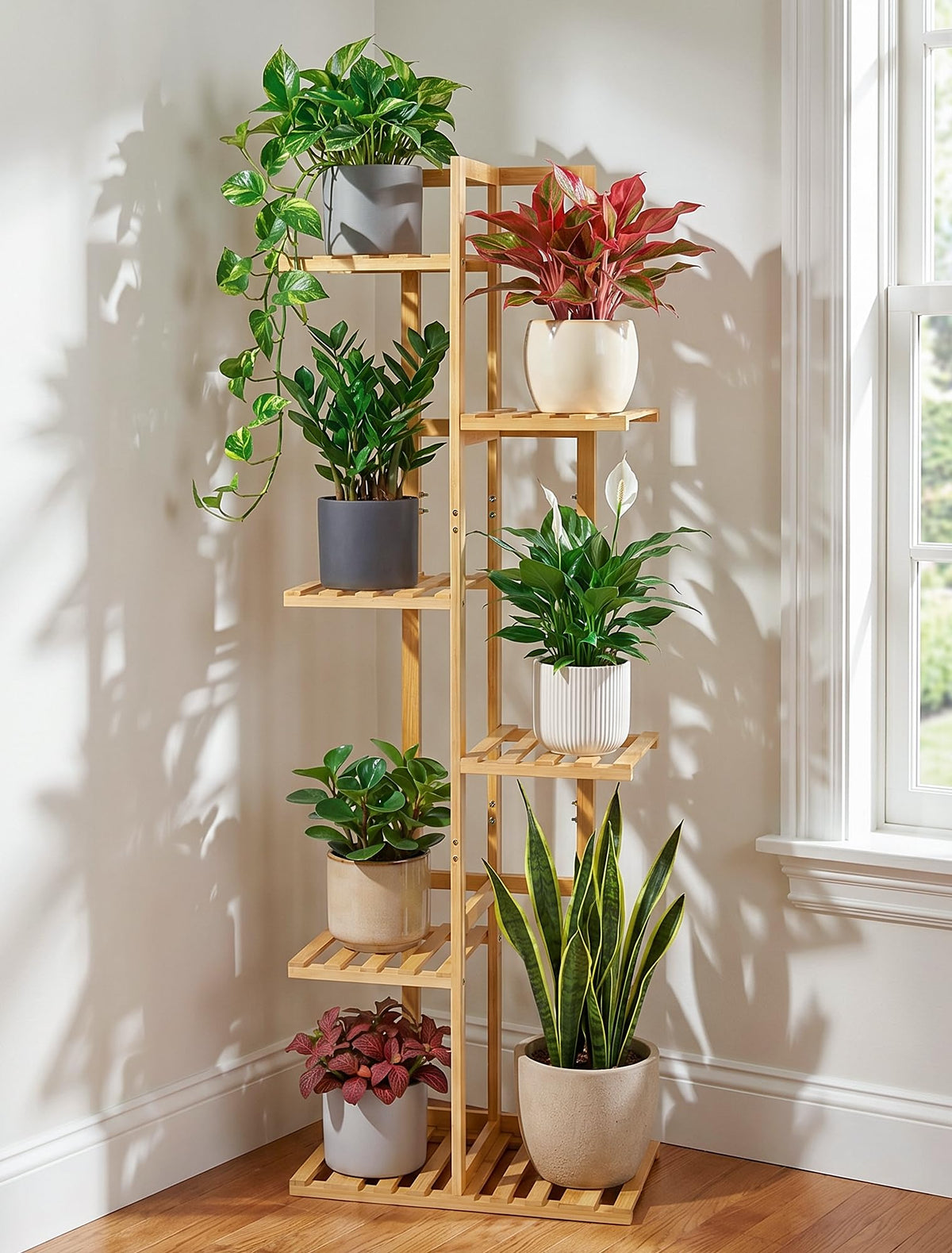 ROSSNY 48 Inch Tall Bamboo Plant Stand for Indoor, 6 Tier 7 Potted, Natural