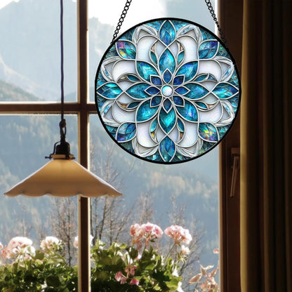 Stained Glass Window Hanging - Blue White Abstract Flowers Suncatcher for Door Terrace Garden Home