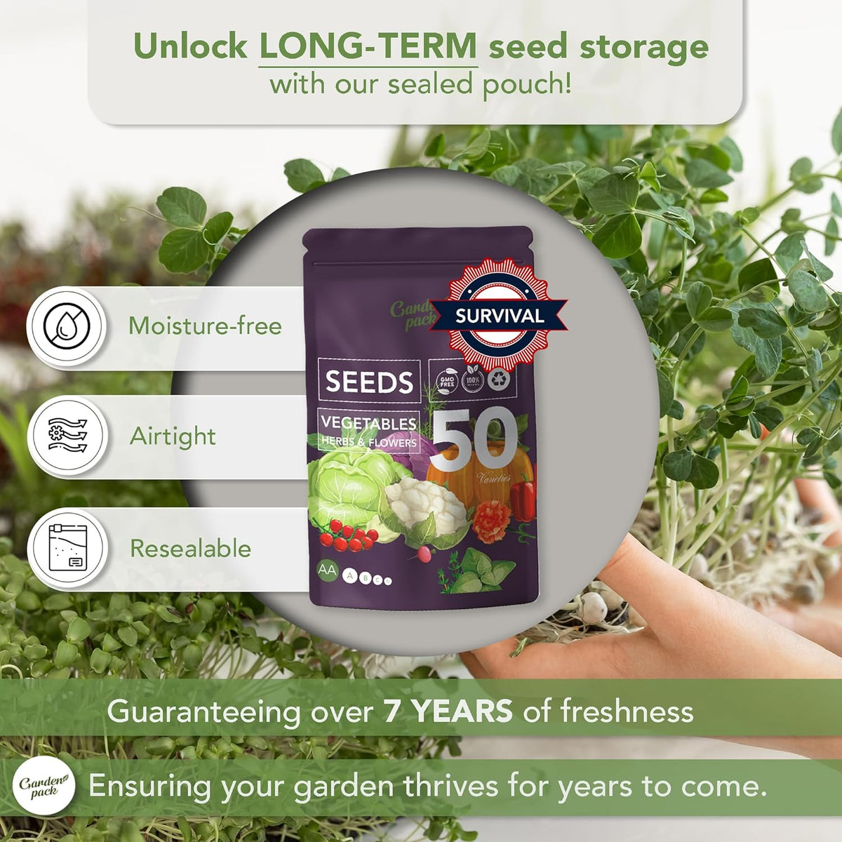 Garden Pack Seeds Pouch - 50 Varieties of Vegetable, Herb & Flower Seeds for Planting - 25,000 Non