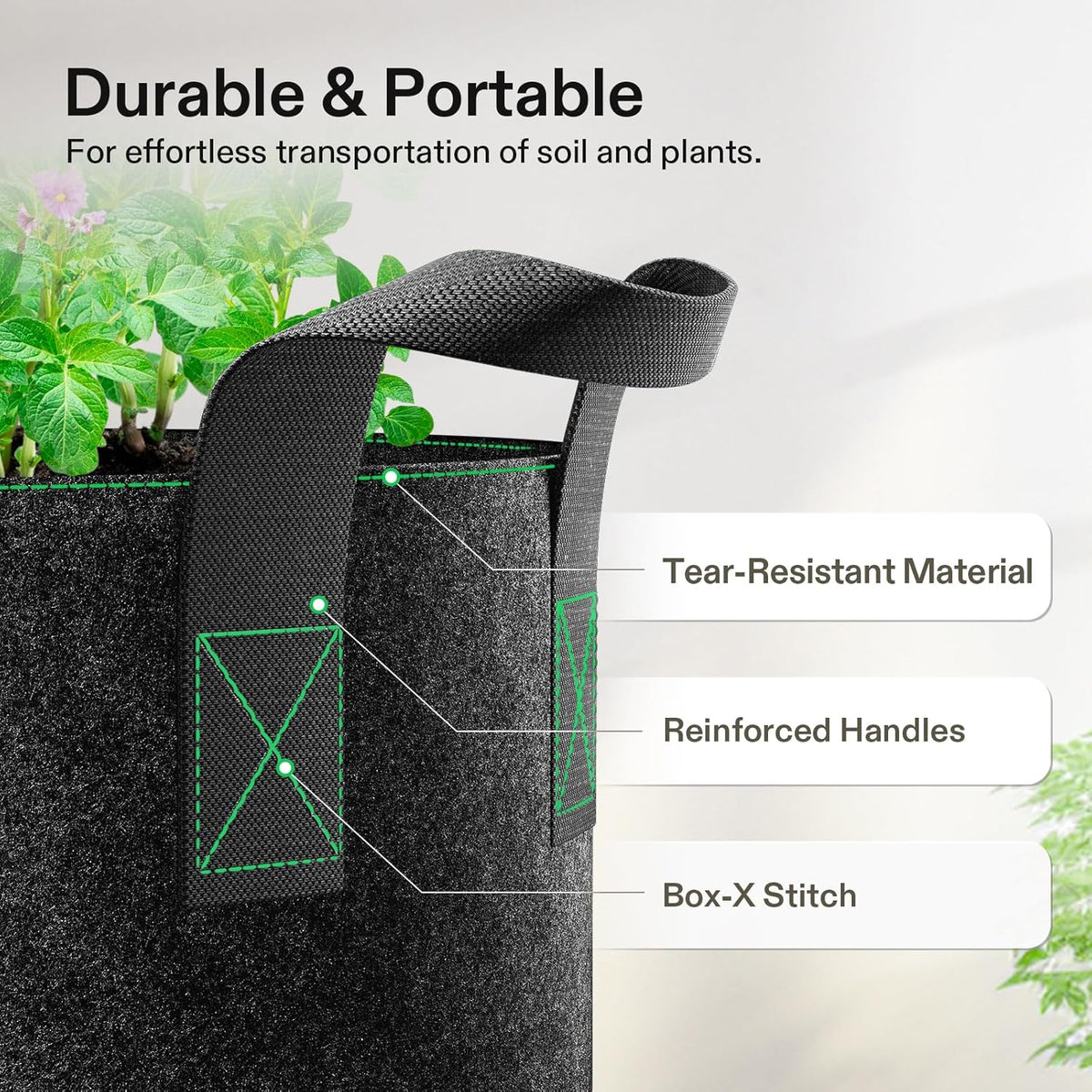 VIVOSUN 5-Pack 15 Gallon Plant Grow Bags, Heavy Duty Thickened Nonwoven Fabric Pots with Handles