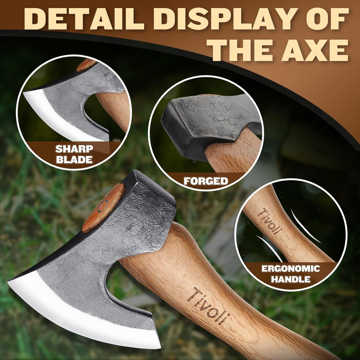 Tivoli 15 Inch Camping Axes and Hatchets, Bushcraft Axe for Wood Splitting and Kindling,Hand Forged