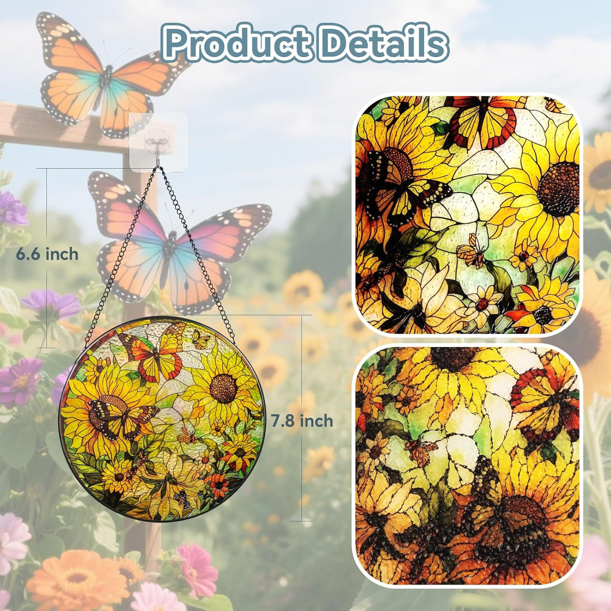 Suncatcher Stained Glass Window Hanging - Sunflower Glass Panel with Metal Chain and Hooks Handmade