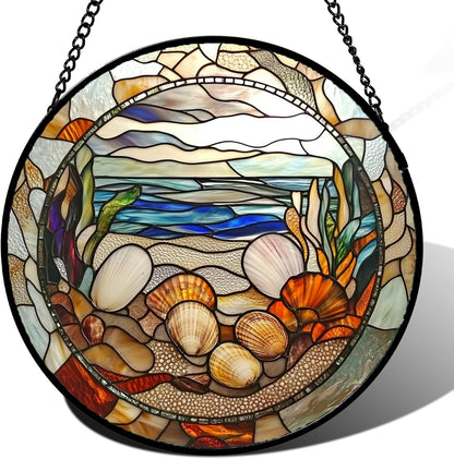 Stained Glass Window Hanging Conch Shells Ocean Seaweed Large 11.8" - Suncatcher Door Garden