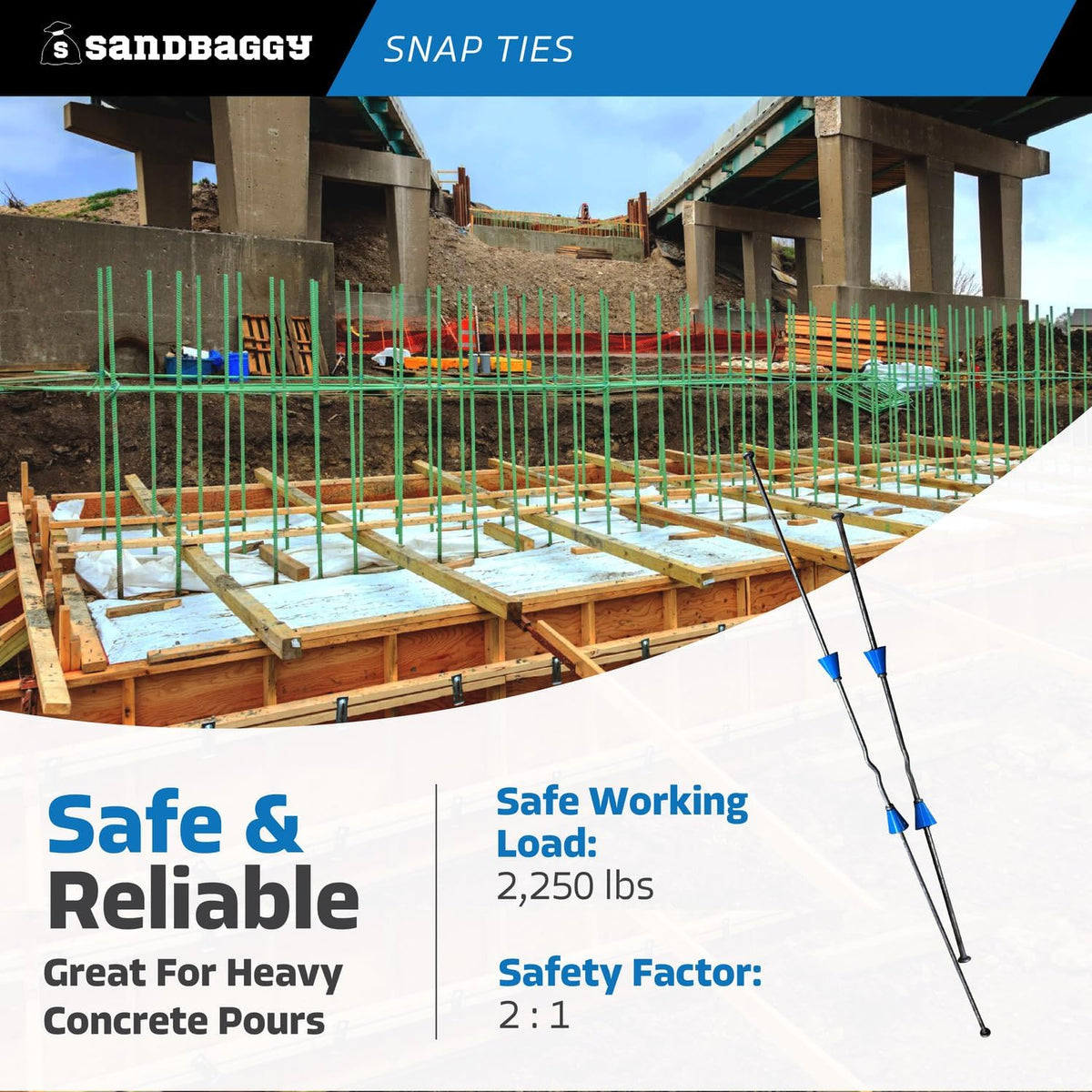 8" Standard Snap Ties for Concrete Forms - 1" Plastic Cones, Integral Heads - 2:1 Safety Factor