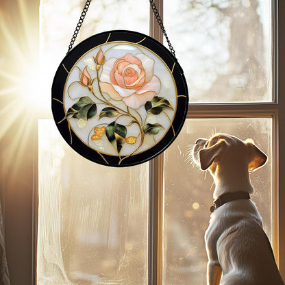 Stained Glass Window Hanging - Black White Pink Rose Sun Catcher for Door Home Decor Flower