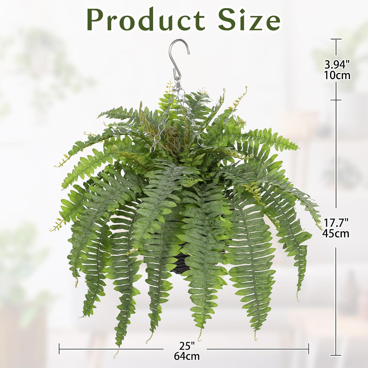 Artificial Fern Hanging Basket Plant 25" Boston Ferns 31 Leaves Greenery Plants with Rattan Pot for