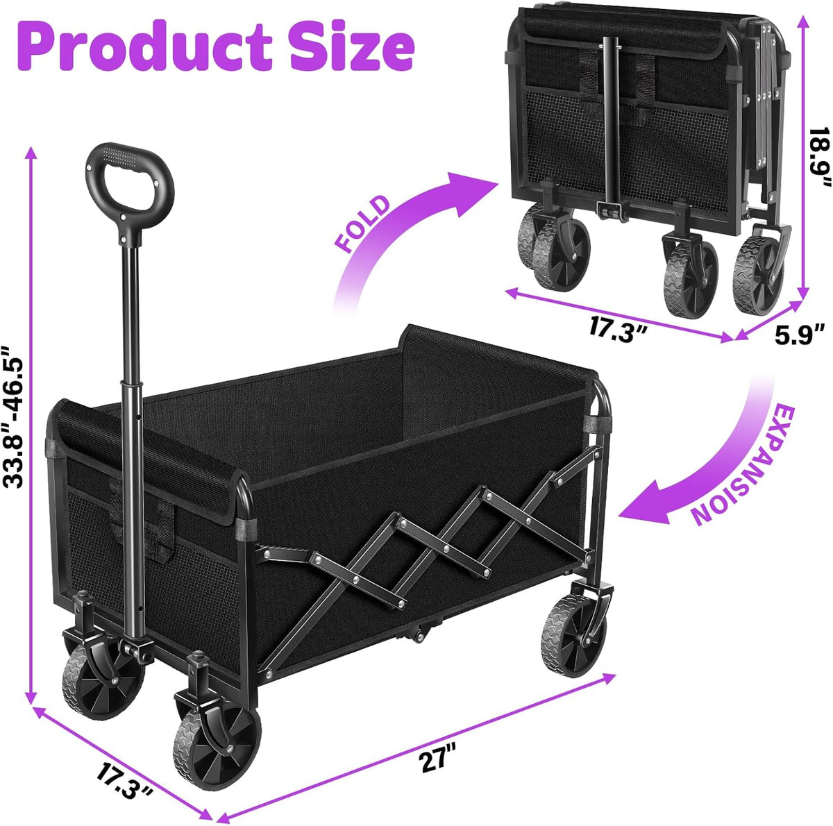 Wagons Carts Foldable,360 LBS Large Capacity Foldable Wagon Cart Collapsible Wagon with Wheels &