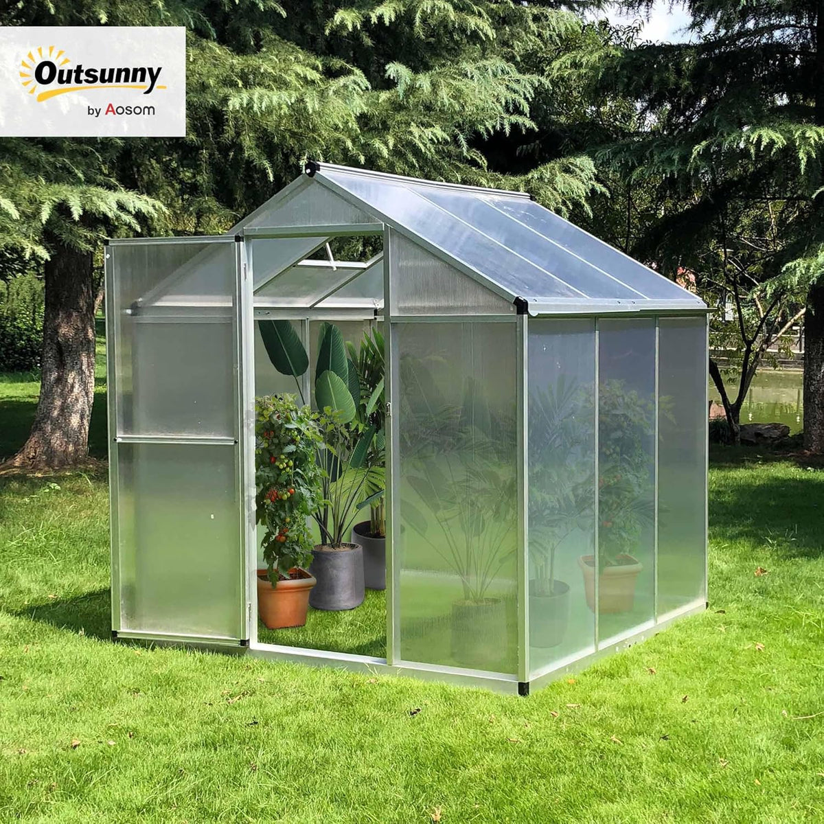 Outsunny 6' x 6' Greenhouse for Outdoors, Polycarbonate Greenhouse with Rain Gutter and Roof Vent