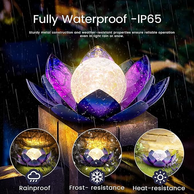 Huaxu Solar Lights for Outdoor Decor, Purple Lotus Flower Light, Waterproof LED Crackle Globe Glass