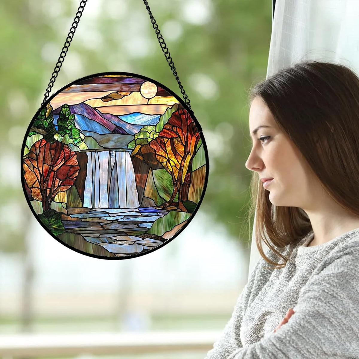 Stained Glass Window Hanging, Abstract Landscape Waterfall Mountains Trees Suncatcher for Doors