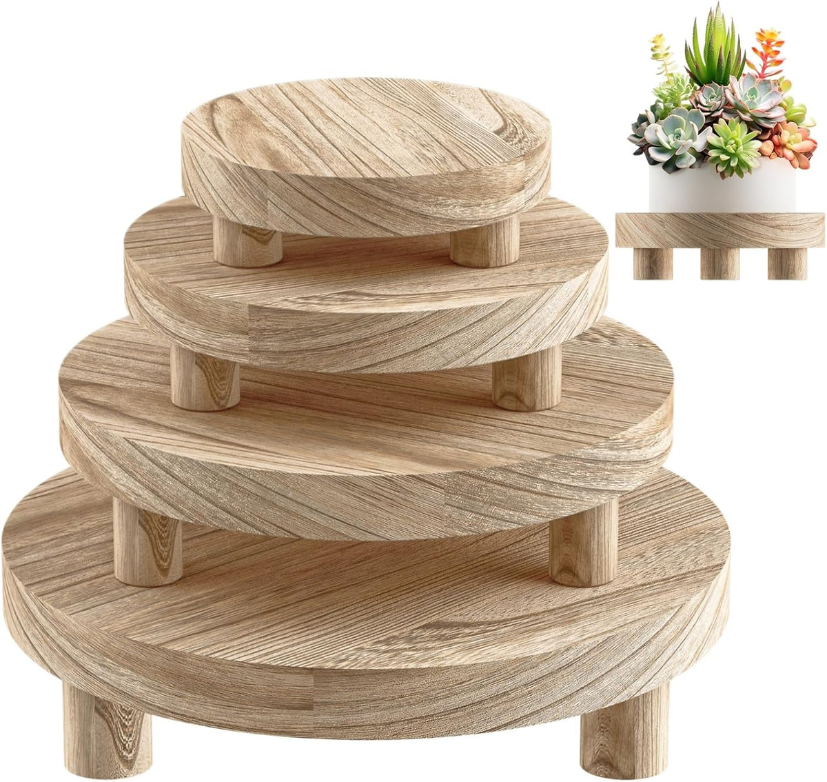 Wood Plant Stand Indoor Outdoor, 12/10/8/6" Round Wood Riser for Decor, Wooden Stool Display Stand