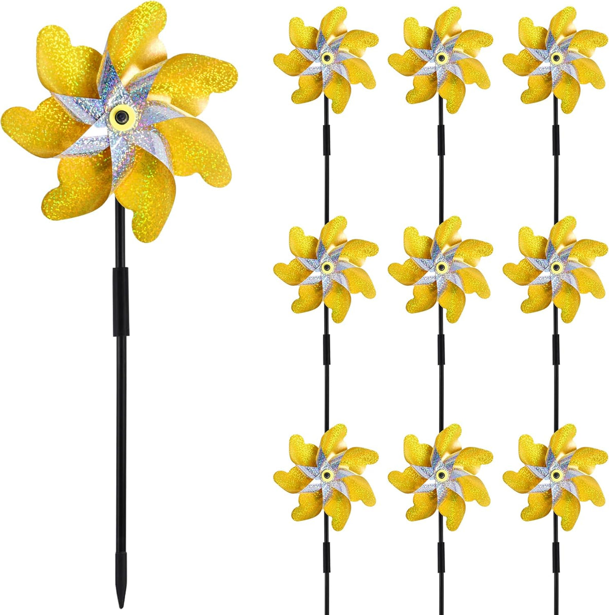 10 Pack Reflective Pinwheels with Stakes, 19.7 inch Gold & Silver Pre-Assembled Sparkle Pin Wheel