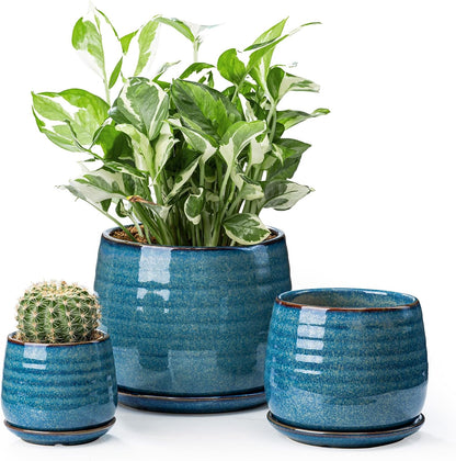 Ceramic Plant Pots with Drainage Holes and Saucers, Indoor Flower Pots for Plants Set of 3