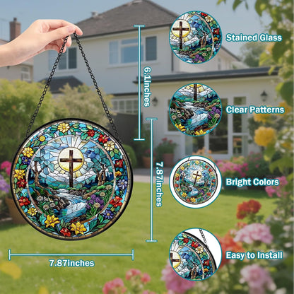 Cross Stained Glass Window Hanging, Wildflower Suncatcher Diamond Glass Panel Hangings, Sun