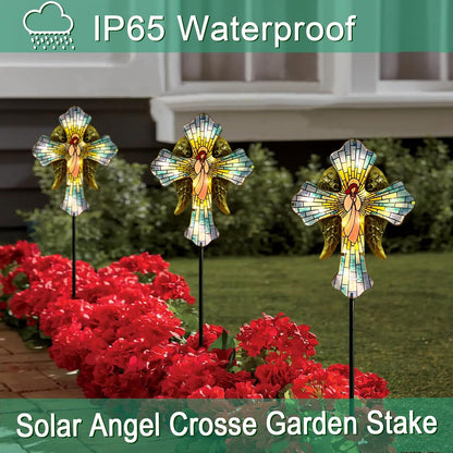WAIU 33 Inch Solar Cross Garden Light Outdoor Decorative - Solar Acrylic Jesus and Metal Angel