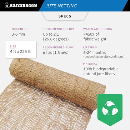 Sandbaggy Jute Netting Roll, 4 ft x 225ft - Biodegradable Erosion Control Blanket for Slopes, Hills
