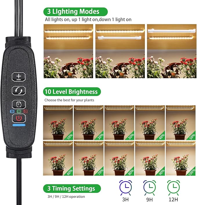 8.6'' Mini LED Grow Light Strips, Full Spectrum 3000K, 52 LED Plant Light with 3/9/12H Timer, 10