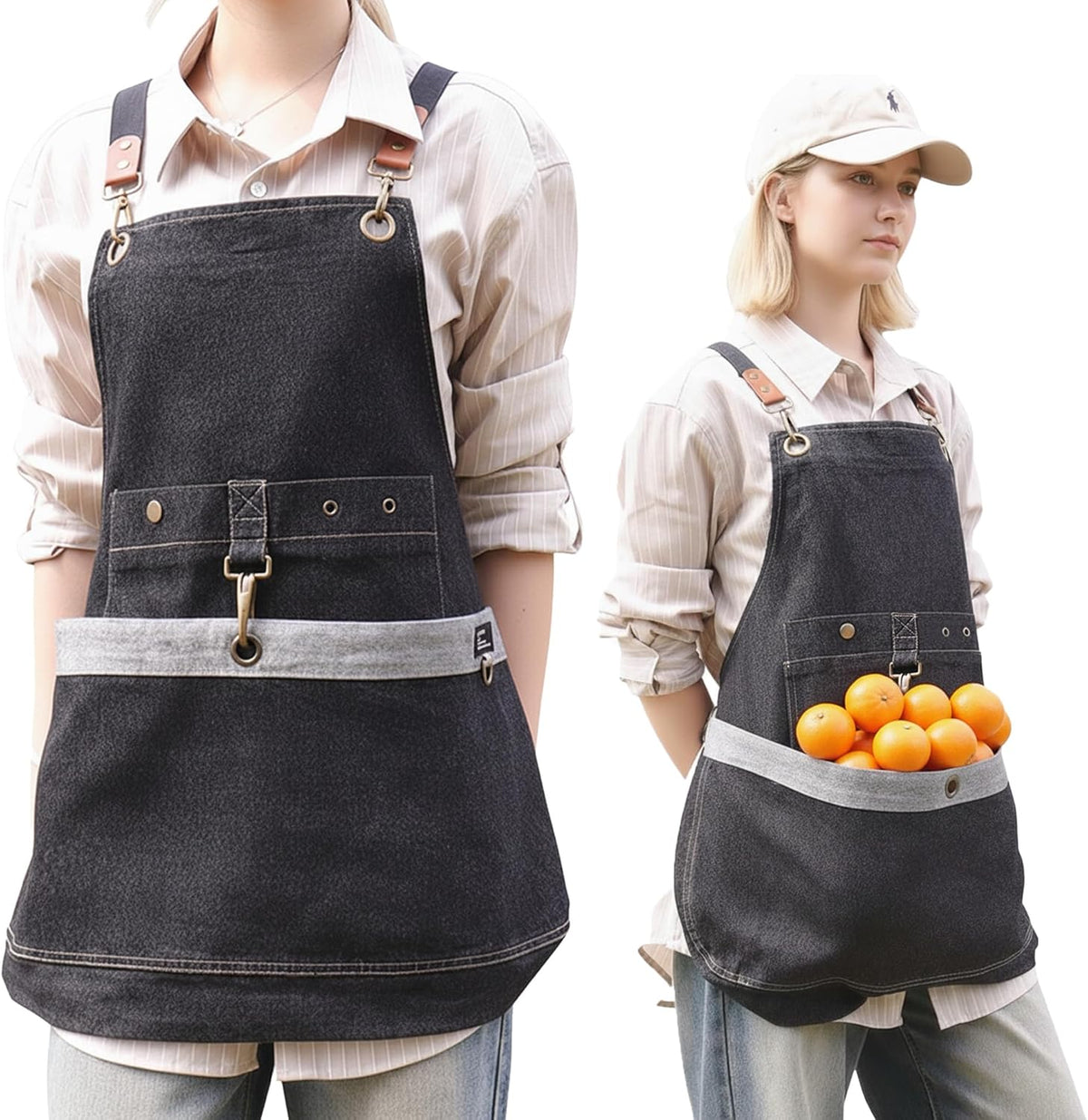Gardening Apron – Denim Cross Back Garden & Harvest Apron with Adjustable Straps and Large Pockets