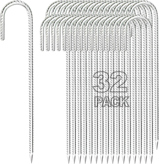 Kadrick Rebar Stakes 12 inch，J Hook Ground Stakes Anchors, 32-Pack White Galvanized Fence