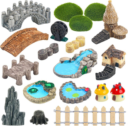 21 Pcs Fairy Garden Miniatures Accessories Bridge House Landscape Water Well Fence Figurines Pond