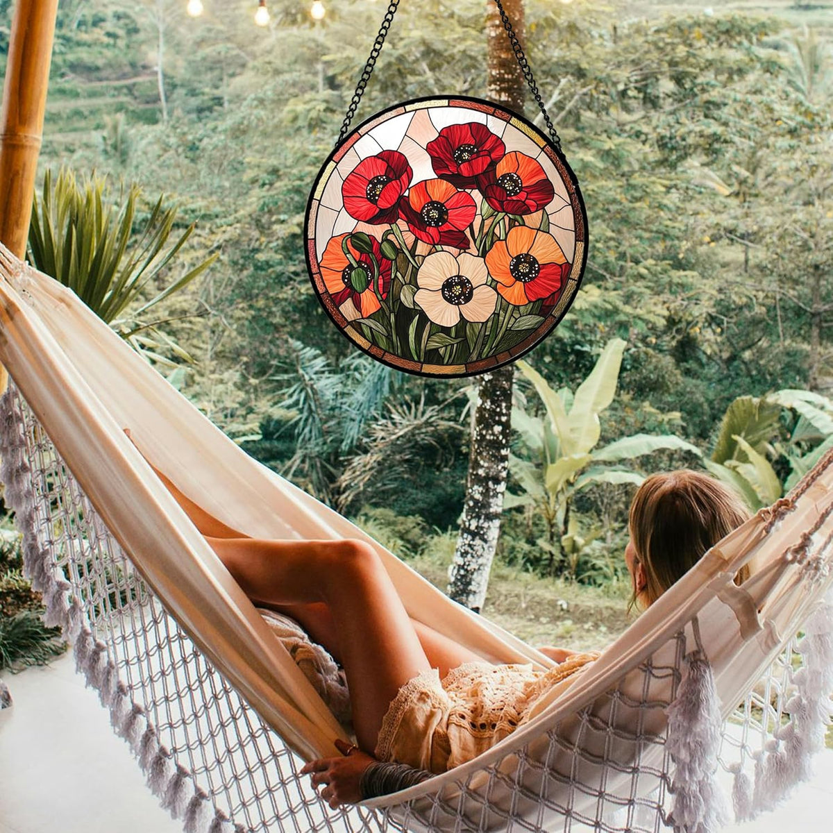 Stained Glass Window Hanging - Orange Red Poppy Flowers Suncatcher for Door Garden Yard Sun